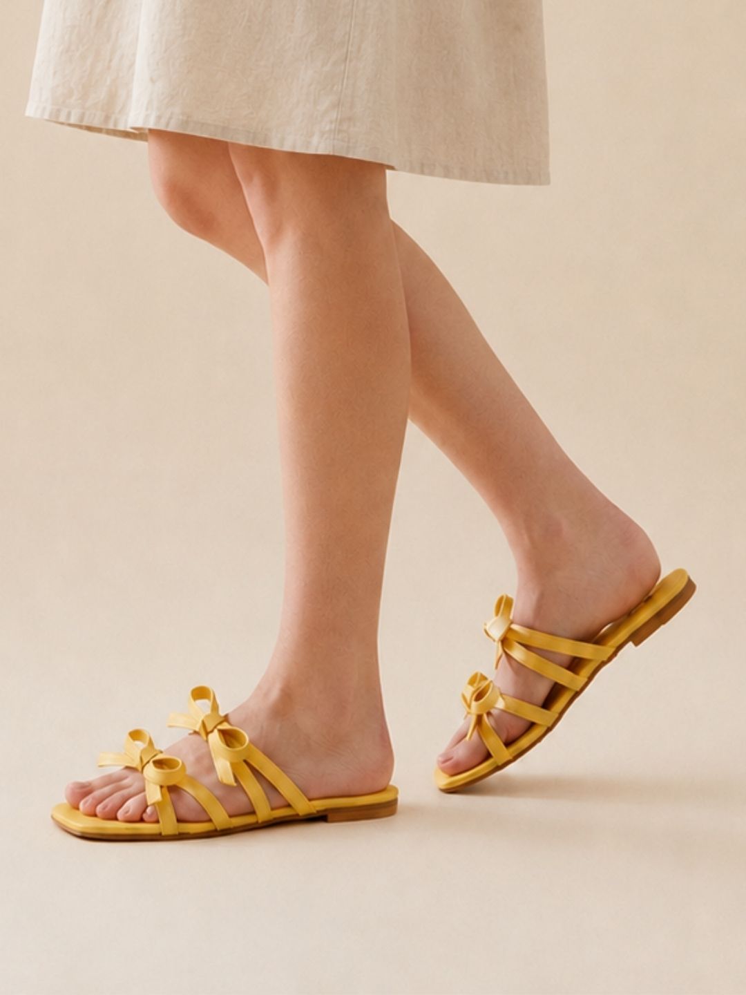 Yellow Open Toe Flats with Bows