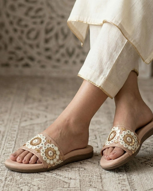 Peach Embroidered Flats