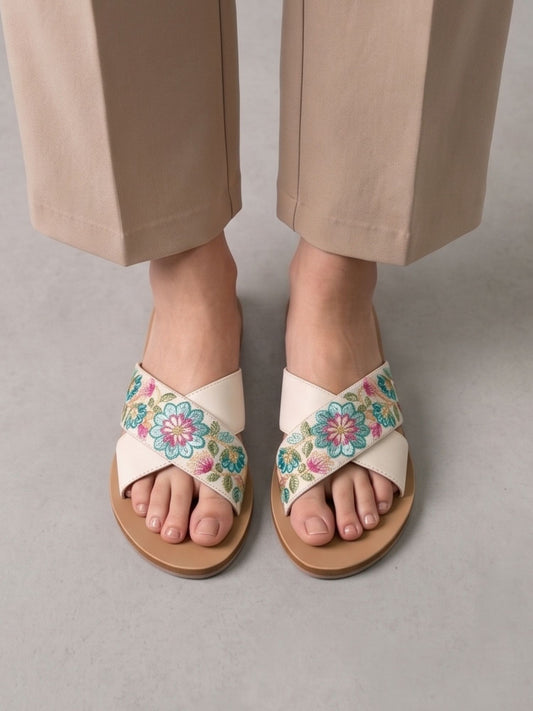 White Embroidered Flats