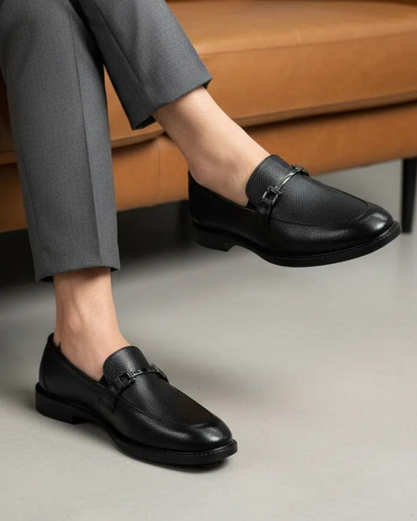 Black Solid Leather Formal Loafers