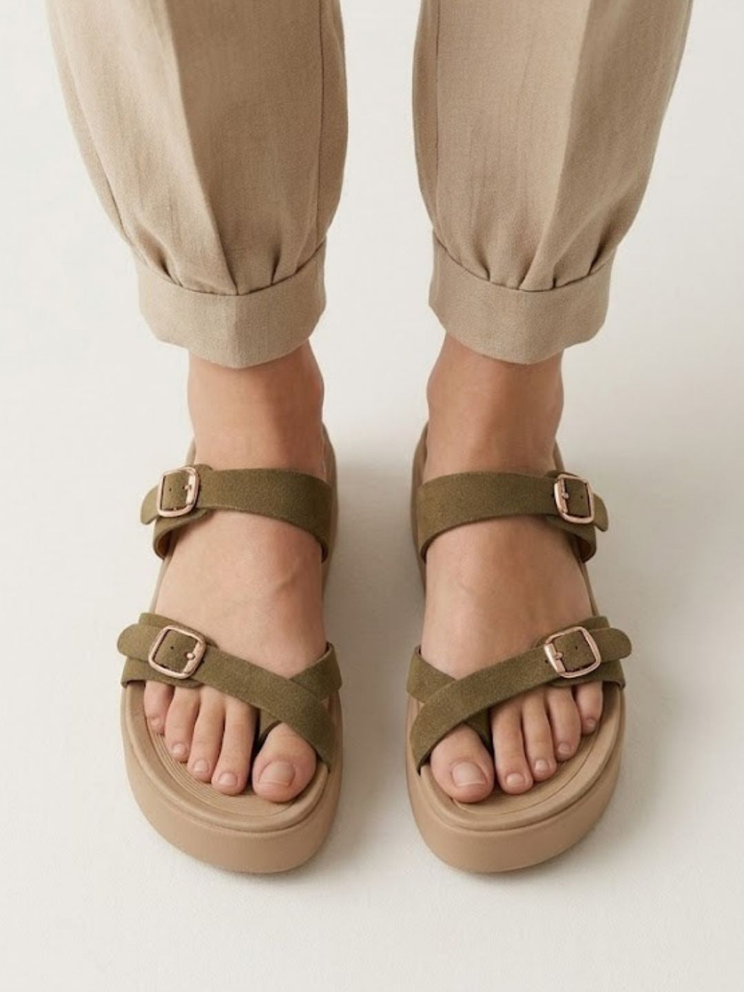 Olive Double Buckle wedges