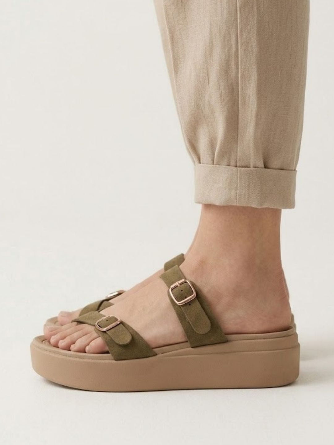 Olive Double Buckle wedges
