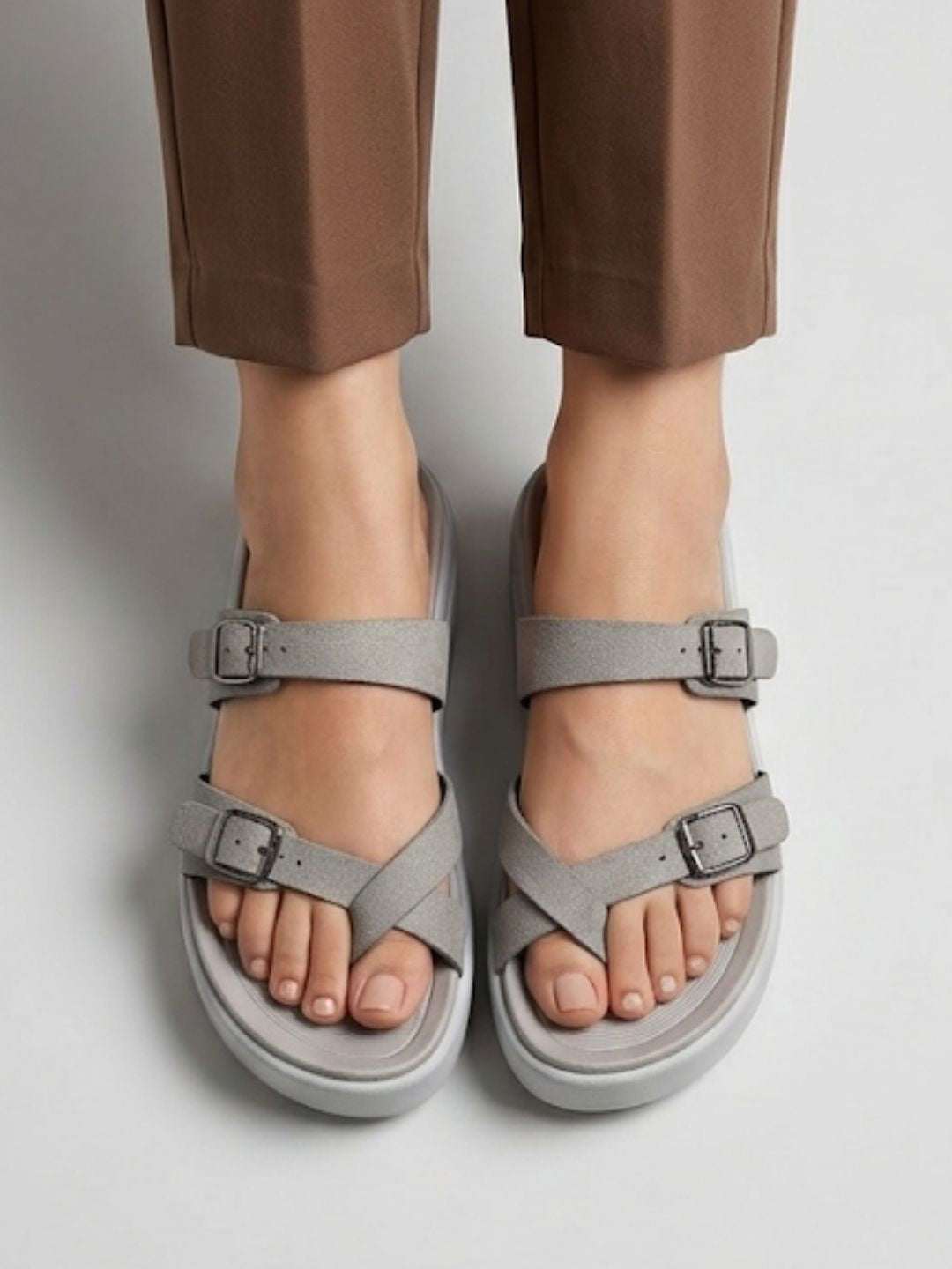 Grey Double Buckle wedges