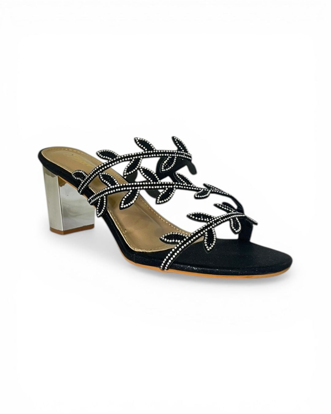 Black Embellished Block Heels