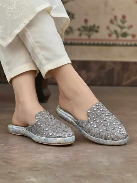 Grey Ethnic Mules