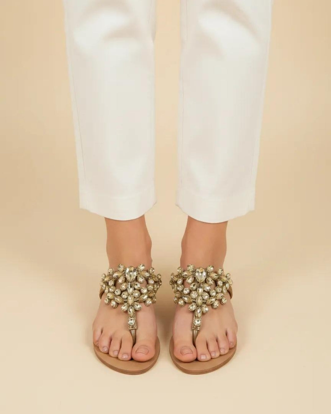 Antique Stone-Embellished T-Strap Flats