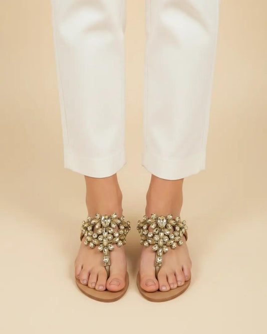 Antique Stone-Embellished T-Strap Flats