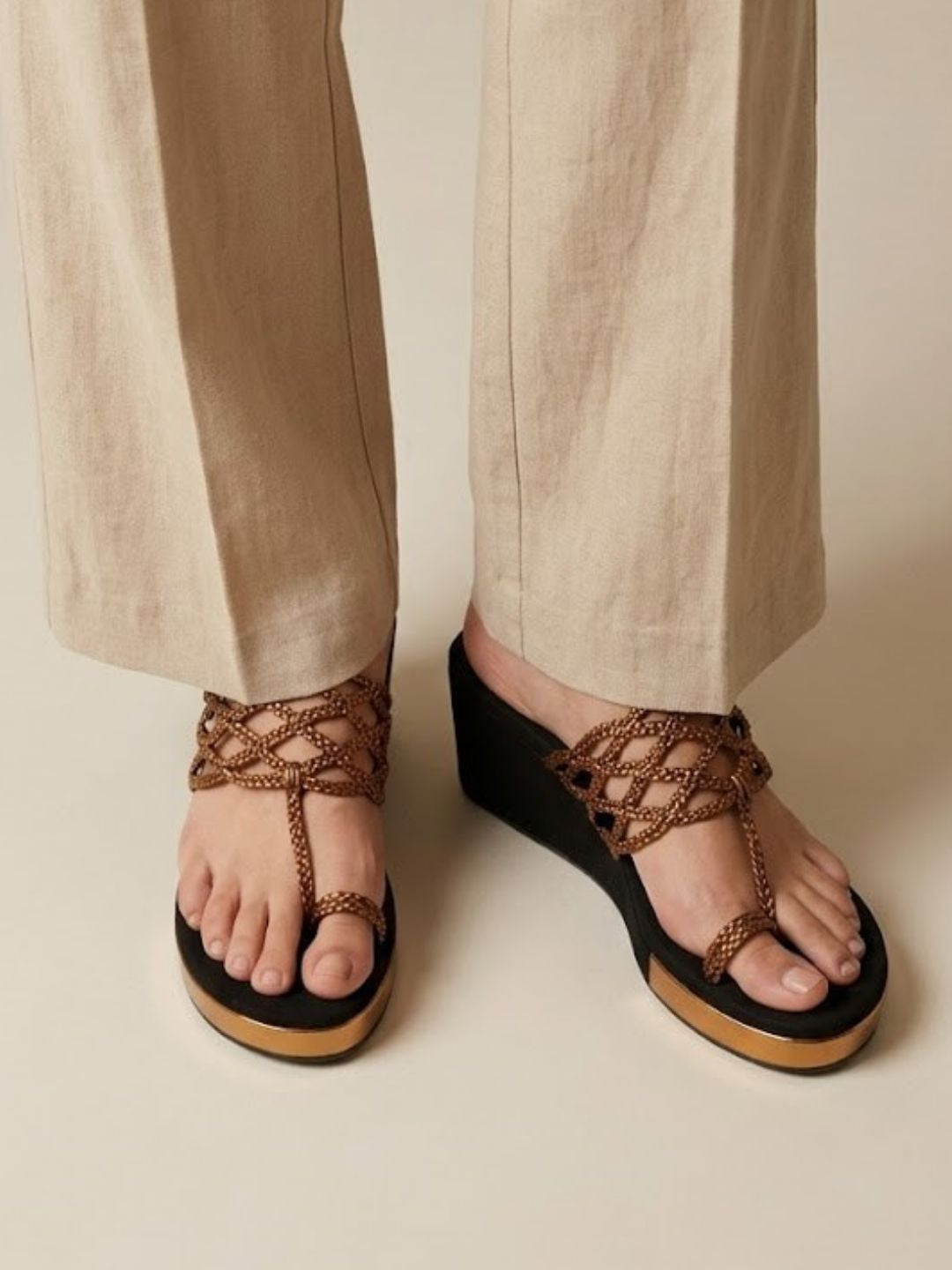 Tan Braided Toe-ring Wedge
