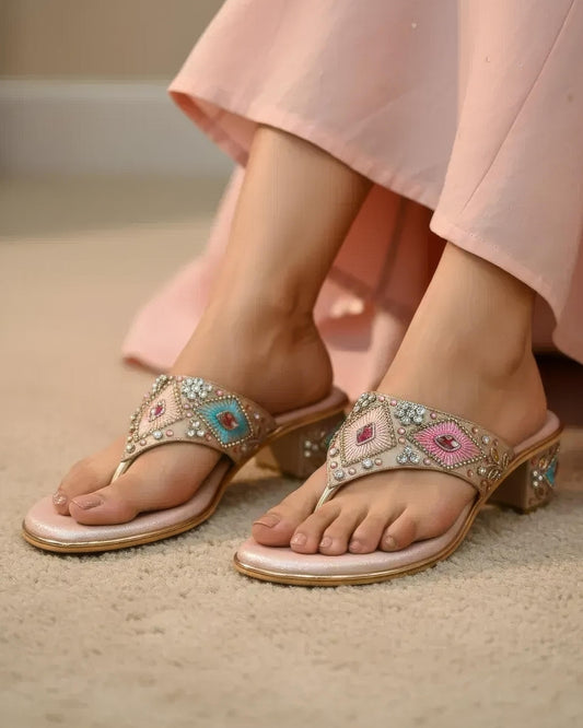Ethnic Embellished Open Toe Block Heels