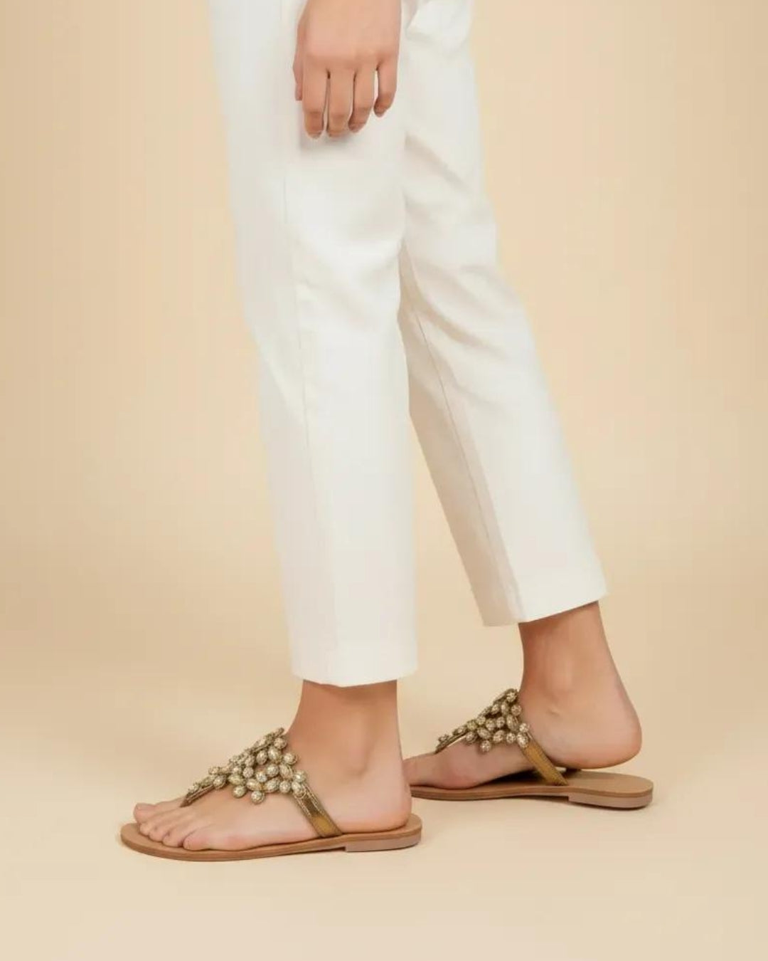 Antique Stone-Embellished T-Strap Flats