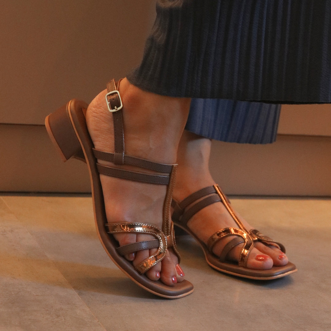 Brown Textured Cross Strap Heel Sandals