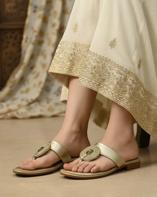 Gold Ethnic Block Sandals