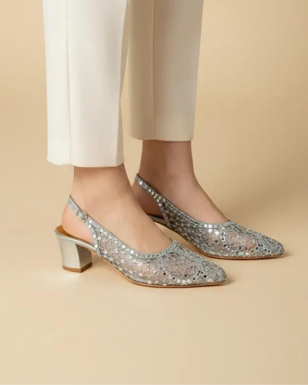 Silver Embellished Block Heels