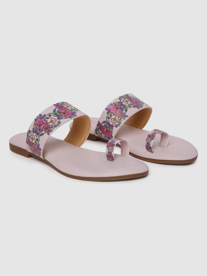 Beige Floral Strap Flats