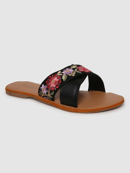 Black Embroidered Casual Flats