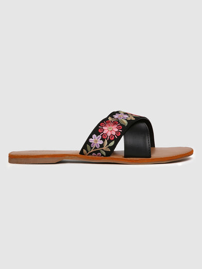 Black Embroidered Casual Flats