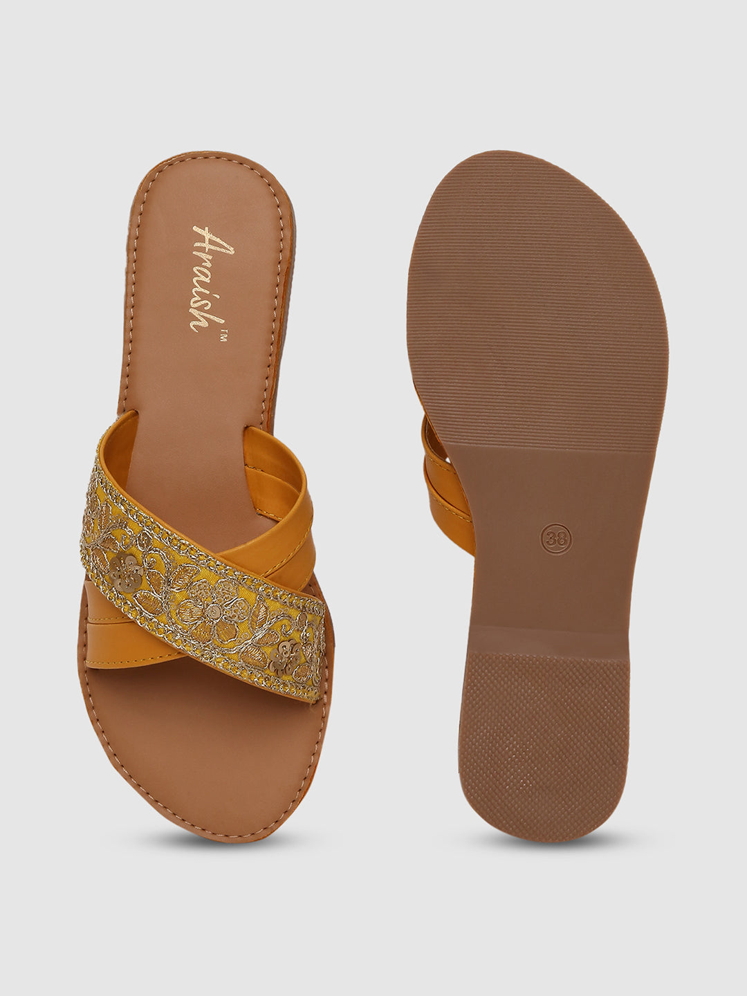 Yellow Hand Embroidered Flats
